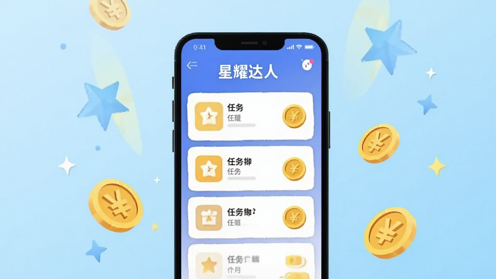 画面中央放置一部智能手机,手机屏幕显示“星耀达人”应用主界面,界面包含任务列表与金币图标,背景为浅蓝色渐变,周围环绕悬浮的金币与星光元素,整体采用扁平化插画风格,色彩明亮干净,画质清晰,无多余装饰元素