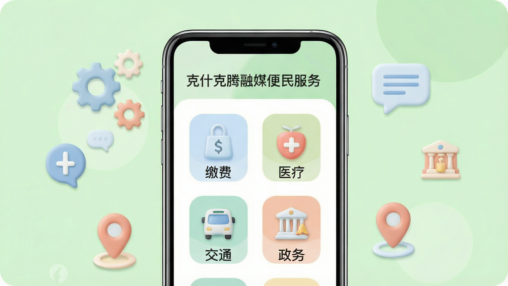 画面中央为一部手机,屏幕内展示克什克腾融媒便民服务页面,图标排列整齐,包含缴费、医疗、交通、政务等标识。手机四周漂浮着齿轮、对话框、定位针等象征服务的简约图标。布局居中,背景为浅绿色清新色调。风格柔和圆角,细节上图标色彩柔和统一,画质高清,干净无多余元素。