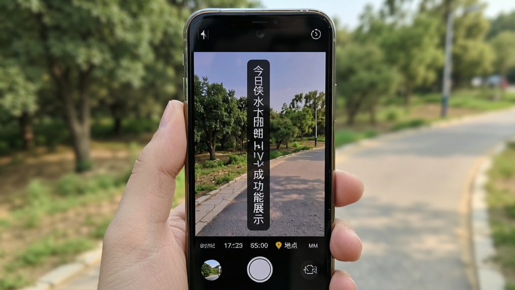 今日侠水印相机实时水印生成功能展示图,主体为手机拍摄界面,画面中带有清晰的时间日期地点水印条,布局为纵向排列,排版突出水印区域,风格为写实摄影风,细节包含户外场景背景与精准的水印文字,画质高清,干净,无多余元素