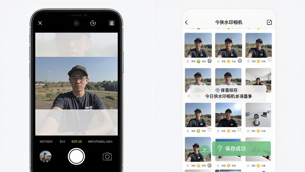 今日侠水印相机高清拍摄与保存流程展示图,主体为手机拍摄后照片保存至相册的界面,布局为左右分栏,排版左侧为拍摄画面右侧为相册列表,风格为简约实用风,细节包含高清照片缩略图与保存成功提示,画质高清,干净,无多余元素