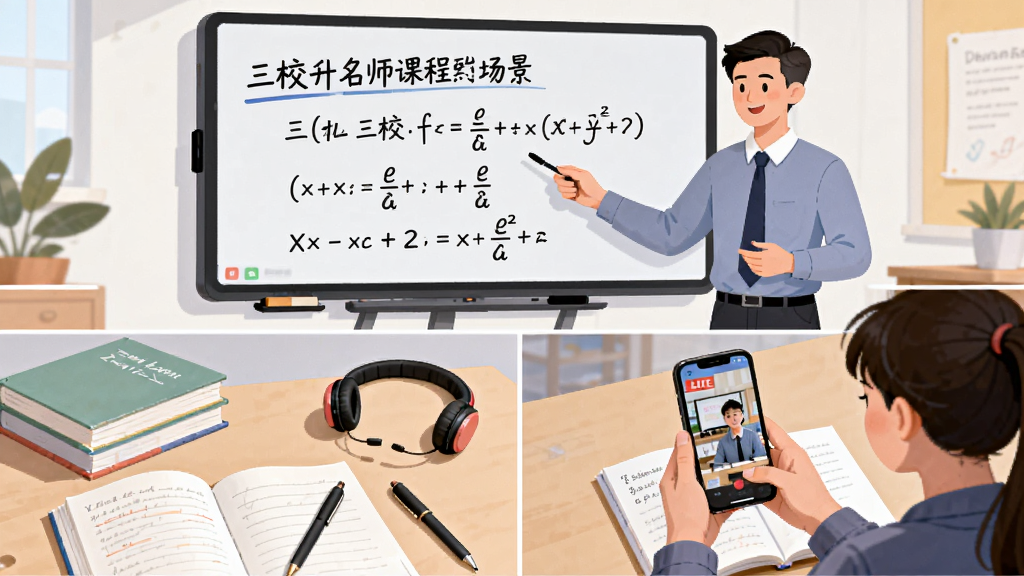 三校升名师课程学习场景图,画面中一位老师站在电子白板前讲解数学公式,白板上写着三校升课程相关文字,下方有学生用手机观看直播课程的画面,整体布局为上下分屏,风格为现代教育插画风,细节包括课本、笔记、耳机等学习用品,画面干净整洁,高清画质。