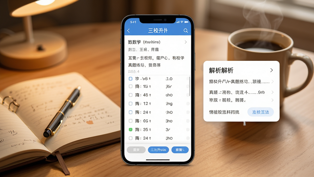 三校升APP真题练习界面截图风格展示图,画面主体为一部手机展示三校升软件中数学真题练习页面,题目与选项清晰可见,手机右侧悬浮着解析卡片,背景为温暖的书桌场景,有笔记本和咖啡杯,整体风格写实且温馨,排版层次分明,细节丰富,画面干净,高清画质。