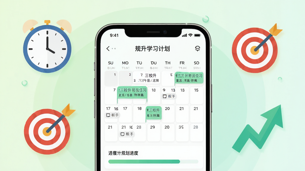 三校升智能学习规划功能展示图,画面主体为手机屏幕显示学习计划日历和进度条,日历上标注了三校升每日任务,周围环绕着时钟、目标靶心、上升箭头等图标,背景为浅绿色渐变,风格为扁平化设计,排版整洁有序,画面干净,高清画质。