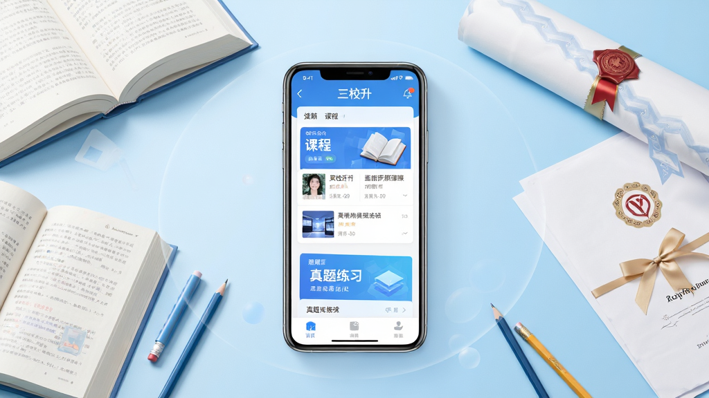 一张展示三校升软件核心功能的宣传图,画面中央放置一部智能手机,手机屏幕上显示三校升APP的首页界面,包含课程列表和真题练习模块,手机周围环绕着书本、铅笔、录取通知书等学习元素,背景为浅蓝色渐变,整体风格清新明亮,排版简洁大方,细节精致,画面干净无多余元素,高清画质。