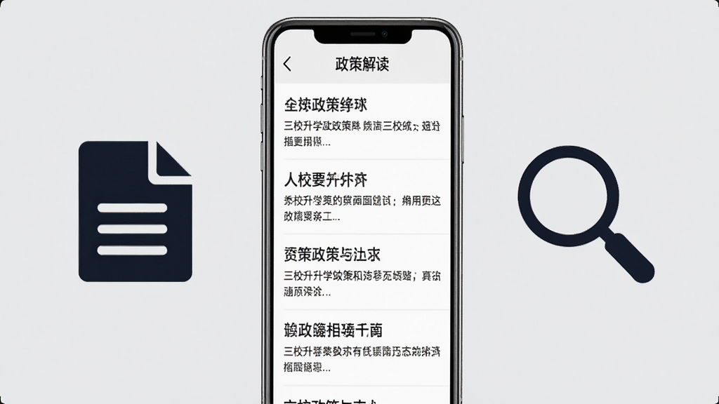三校升升学政策解读页面展示图,画面中央为手机屏幕显示政策解读文章列表,文章标题包含三校升相关字样,手机两侧有文件图标和放大镜图标作为装饰,背景为浅灰色,整体风格简洁商务,排版清晰,画面干净无多余元素,高清画质。