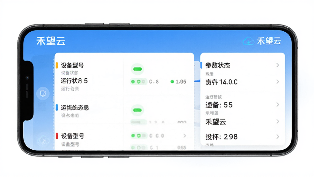 主体为禾望云App的设备管理页面,布局为手机屏幕展示逆变器设备列表与参数详情,排版为卡片式布局,风格为清爽的移动端数据界面,细节包括设备型号、运行状态指示灯和「禾望云」品牌标识,画质高清,画面干净,无多余元素