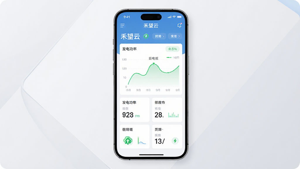 主体为一部智能手机,屏幕中显示禾望云App的电站监控仪表盘界面,界面中有发电功率曲线和多项数据卡片,布局为手机正面居中展示,背景为浅灰色渐变,风格为科技感扁平化设计,细节包括手机屏幕中的「禾望云」文字标识和绿色能源图标,画质高清,画面干净,无多余元素