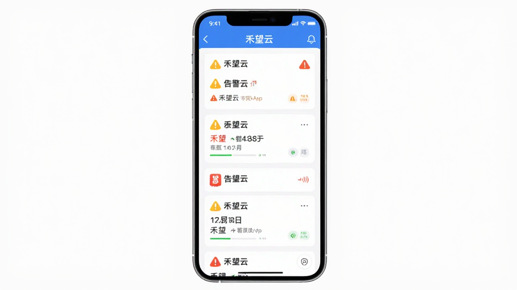 主体为禾望云App的告警通知界面,布局为手机屏幕竖屏展示多个告警卡片,排版为上下排列,风格为简洁现代的移动端UI设计,细节包括不同颜色的告警等级标识和「禾望云」App顶部导航栏,画质高清,画面干净,无多余元素