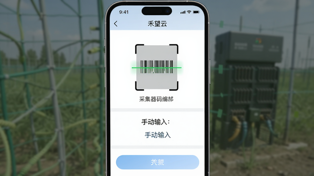 主体为禾望云App的电站添加页面,布局为手机屏幕展示扫码绑定与手动输入两种方式,排版为上下分区,风格为简洁明了的移动端操作界面,细节包括「禾望云」顶部标题栏和采集器条码扫描框,画质高清,画面干净,无多余元素
