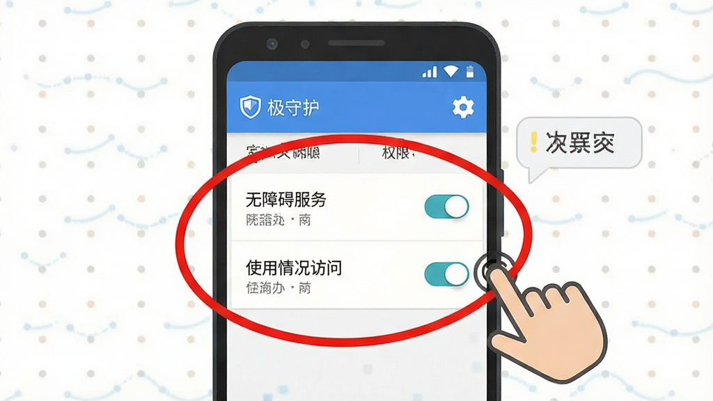 一幅手机权限设置示意图插画,画面主体是一部安卓手机屏幕,屏幕上显示“极守护”应用权限列表,其中“无障碍服务”和“使用情况访问”两项被红色圆圈高亮标注,旁边有一个手指点击的图标,布局为居中构图,风格为扁平化教程插画,细节包括权限开关按钮、设置齿轮图标、提示气泡,画质清晰,干净,无多余元素