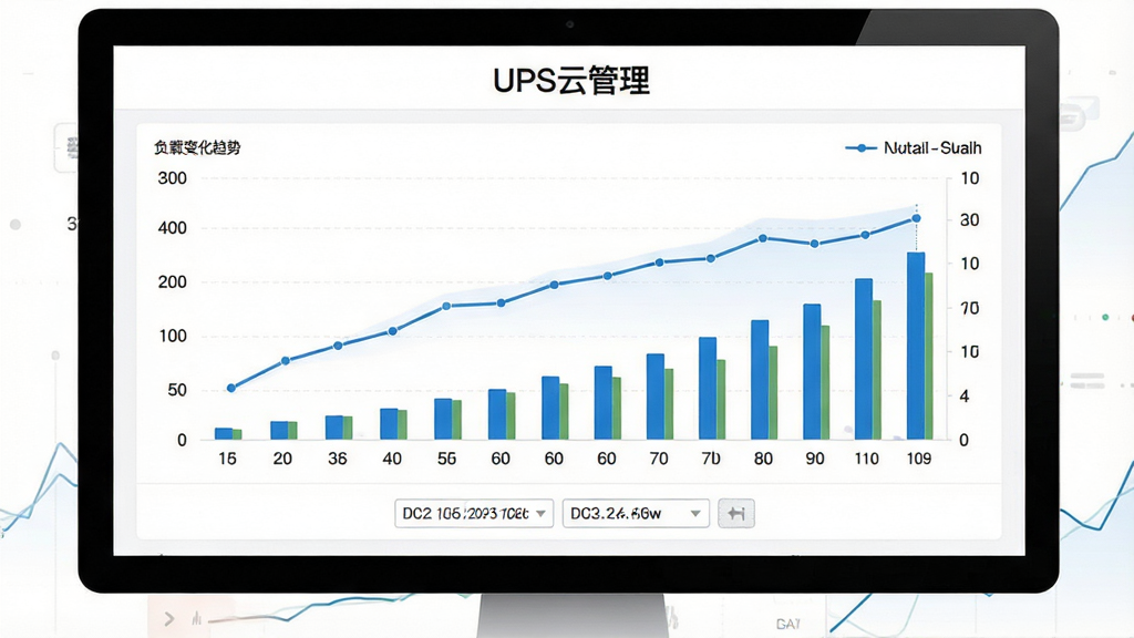 UPS云管理历史数据报表功能展示图,画面中央是一张折线图与柱状图组合的数据面板,展示电压与负载变化趋势,图表上方有「UPS云管理」标题,下方有日期筛选按钮,背景为白色简洁风格,布局规整,细节清晰,画质高清,干净无多余元素