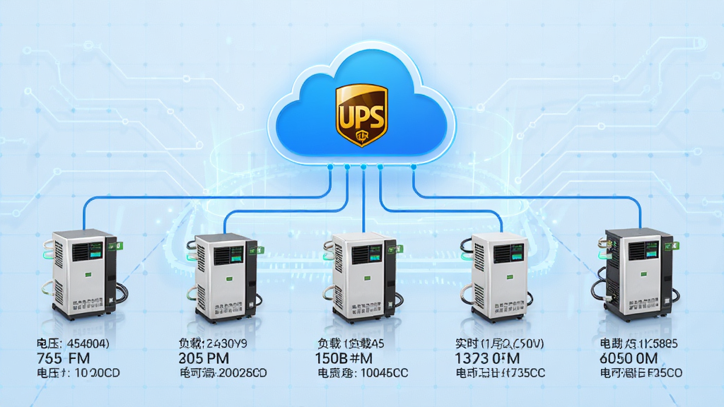 UPS云管理云端集中监控功能展示图,画面中央是一块悬浮的云朵图标,下方连接着五台不同位置的UPS设备,每台设备旁标注实时数据如电压、负载、电池容量,背景为淡蓝色科技网格,布局对称,风格简洁现代,细节清晰,画质高清,干净无多余元素