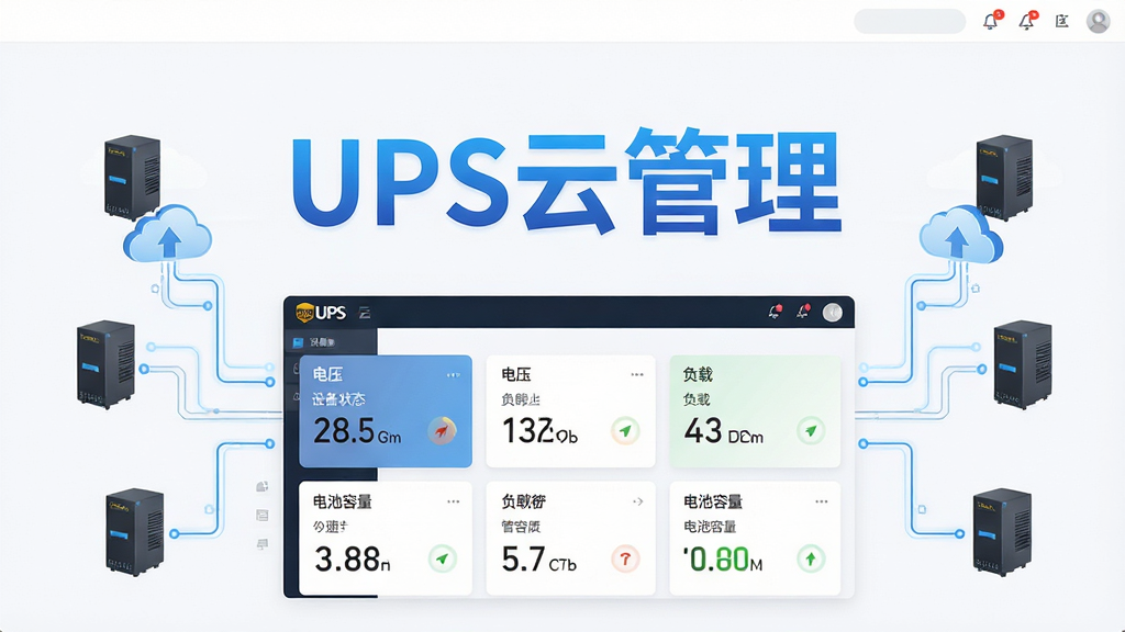 UPS云管理软件主界面截图,画面中央展示「UPS云管理」蓝色渐变标题,下方呈现设备状态仪表盘,包含电压、负载、电池容量等数据卡片,周围环绕多台UPS设备图标与云端连接线条,整体布局清晰,采用扁平化科技风格,细节丰富,画质高清,干净无多余元素