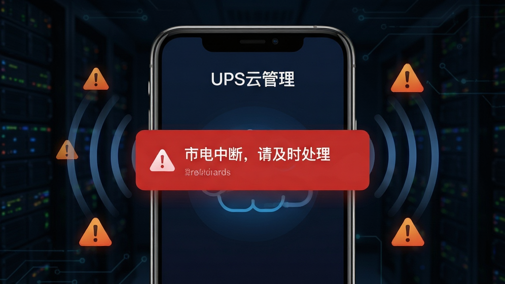 UPS云管理智能告警推送界面图,画面中央展示手机屏幕弹出一条红色告警通知,内容为「市电中断,请及时处理」,屏幕上方有「UPS云管理」字样,周围环绕信号波纹与警示图标,背景为深色科技风格,布局聚焦,细节丰富,画质高清,干净无多余元素