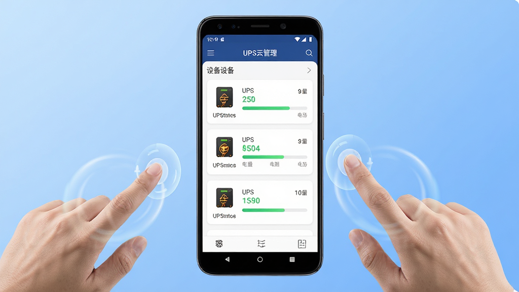 UPS云管理移动端操作界面展示图,画面中央是一部安卓手机,屏幕上显示「UPS云管理」APP的设备列表页面,包含多台UPS设备状态图标与电量条,手机周围有手指点击操作的动态效果,背景为淡蓝色渐变,布局居中,风格现代简洁,细节清晰,画质高清,干净无多余元素