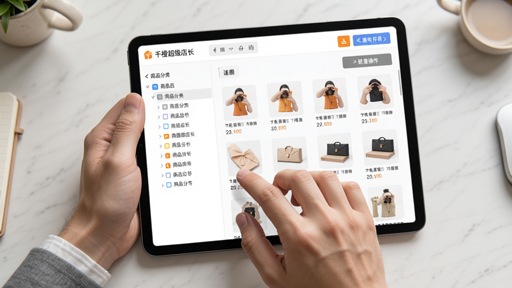 画面主体是一双手正在操作平板电脑,屏幕上显示千橙超级店长的商品管理界面,左侧为商品分类树,右侧为商品缩略图网格,顶部有批量操作按钮。布局采用俯视视角,桌面整洁。风格为真实摄影与UI叠加混合风,细节上手指与屏幕接触自然、界面图标清晰可辨。画质为高清,光线柔和,无杂乱背景。