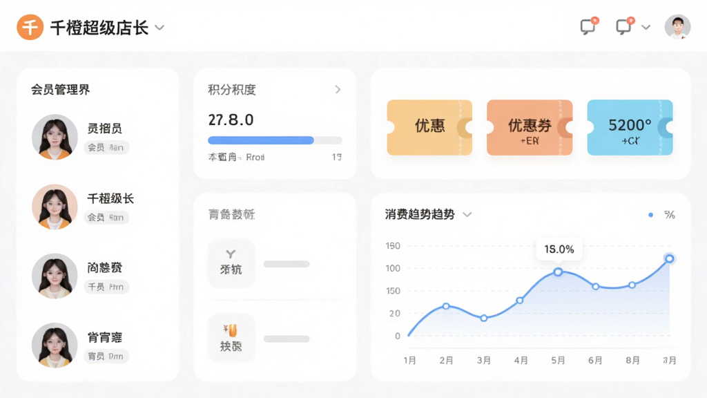 画面主体是千橙超级店长的会员管理界面截图,包含会员头像列表、积分进度条、优惠券图标和消费趋势折线图。布局采用卡片式模块化设计,背景为白色。风格为清新扁平化UI风,细节上图标圆润、配色柔和、数据标签清晰。画质为矢量级清晰,无多余装饰元素。
