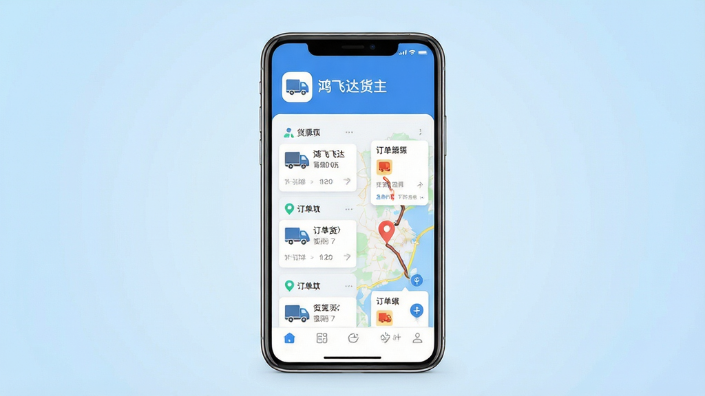 画面主体是一部智能手机,屏幕上显示“鸿飞达货主”应用界面,包含货源列表与地图轨迹;布局采用居中构图,手机位于画面中央,背景为浅蓝色渐变;排版上应用图标和名称置于顶部;风格为扁平化科技感,色调清爽;细节包括货车图标、定位标记、订单卡片等元素,界面文字清晰可辨;画质为高清2K,干净无多余元素,整体呈现专业货运APP的视觉氛围