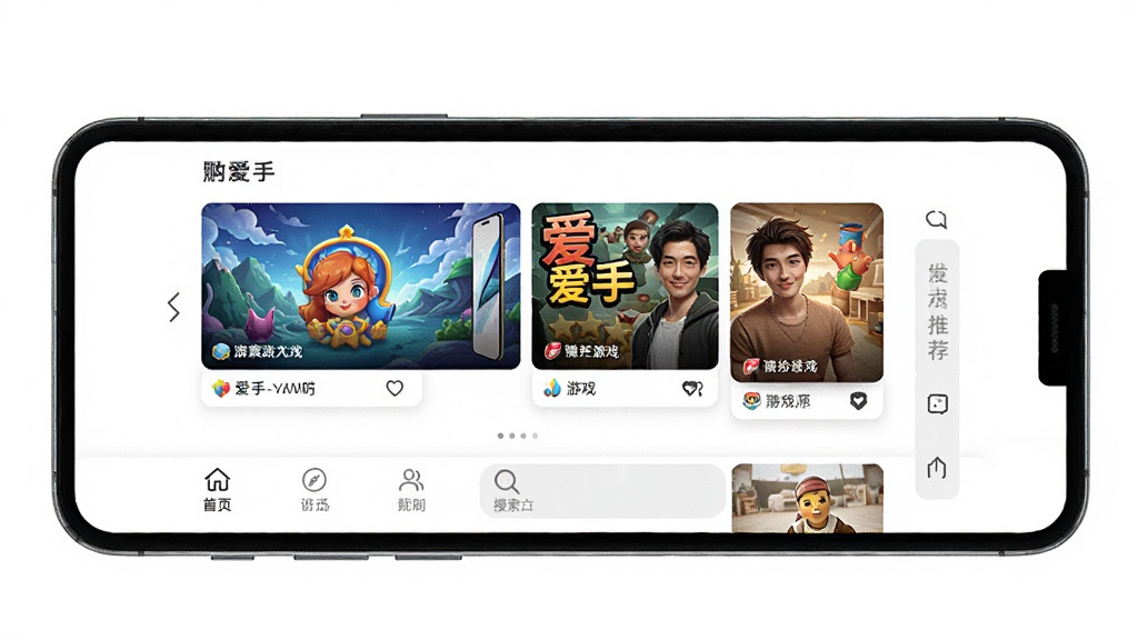 一张展示爱手在手机端运行界面的图片,画面主体是手机屏幕显示爱手首页,包含游戏推荐位、底部导航栏和搜索框,背景是纯白色,排版采用标准移动端布局,风格清爽简洁,细节包括状态栏、图标、文字标签,画质高清干净,无多余元素