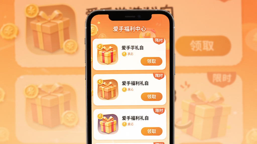 一张展示爱手福利中心页面的图片,画面中央是手机屏幕显示各种游戏礼包卡片,卡片上有礼包图标和领取按钮,背景是暖橙色渐变,排版采用列表式布局,风格温馨活泼,细节包括金币图标、礼物盒、限时标签,画质高清干净,无多余元素