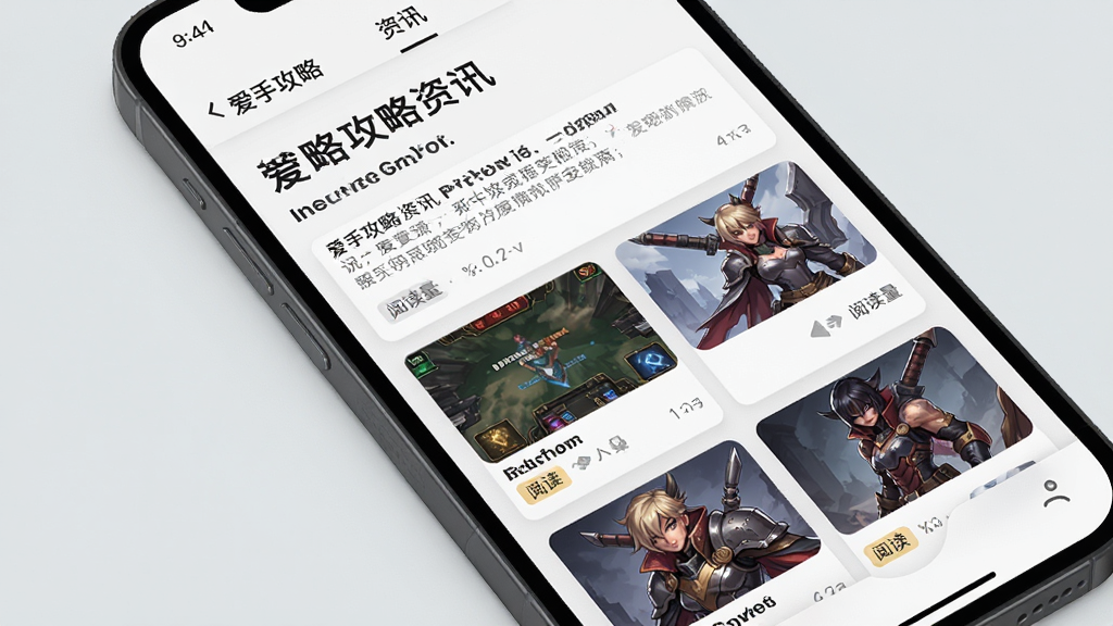 一张展示爱手攻略资讯页面的图片,画面主体是手机屏幕显示游戏攻略文章列表和资讯卡片,配有游戏角色插图,背景是浅灰色,排版采用杂志式布局,风格专业简洁,细节包括标题文字、缩略图、阅读量标签,画质清晰干净,无多余元素
