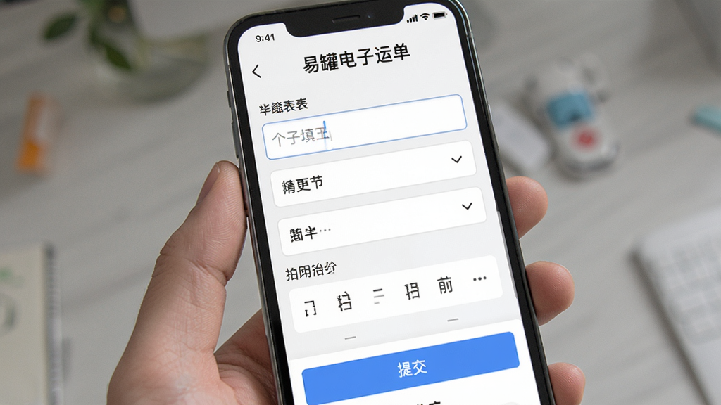 主体是易罐应用内电子运单填写页面,布局为手机屏幕特写居中,排版采用表格式表单结构,风格为清爽简洁的移动端UI界面,细节包括输入框、下拉选择器、日期选择控件和提交按钮,画质高清,界面中文字显示“易罐电子运单”,干净无多余元素