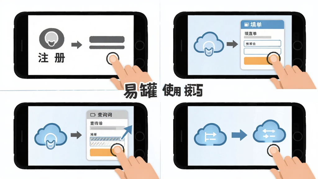 主体是易罐应用在手机上的操作流程示意图,布局为四格分镜展示注册、填单、查询、同步四个步骤,排版为田字格布局,风格为扁平化教程插图,细节包括手指点击图标、表单填写示意、云同步箭头,画质清晰干净,画面中文字显示“易罐使用技巧”,无多余元素