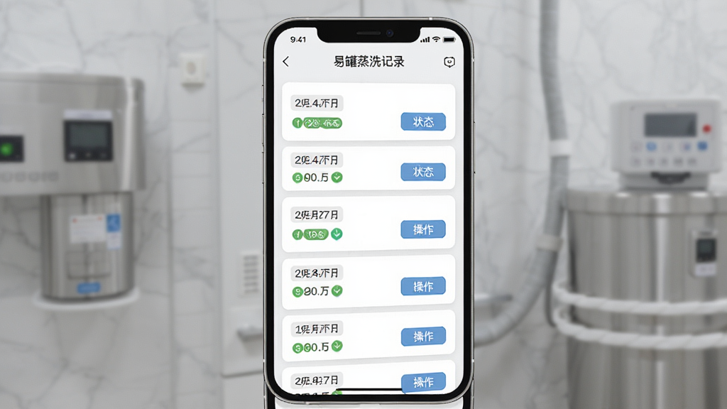 主体是易罐蒸洗罐记录列表页面,布局为手机屏幕展示多条目卡片式记录,排版采用纵向卡片堆叠,风格为简约商务浅色系,细节包括日期标签、状态徽章、操作按钮,画质高清,界面中文字显示“易罐蒸洗记录”,干净无多余元素
