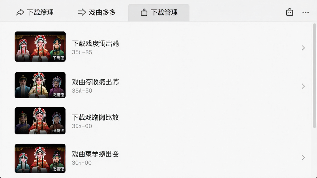 戏曲多多下载缓存管理界面展示,画面中显示多个已下载的戏曲视频列表,每个条目带有缩略图和标题,顶部有下载管理标签,背景为浅色简洁风格,布局为纵向列表清晰易读,细节精致,画质高清干净无多余元素