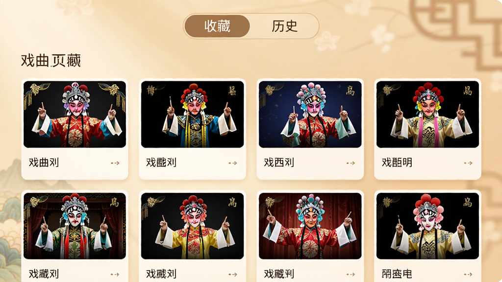 戏曲多多个人收藏页面展示,画面中显示用户收藏的戏曲视频卡片列表,每张卡片有戏曲封面和名称,顶部有收藏和历史标签,背景为暖色调柔和风格,布局整齐美观,细节精致,画质高清干净无多余元素