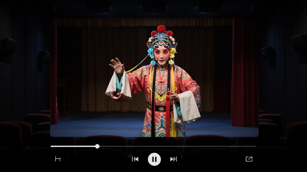 戏曲多多播放界面展示,画面中央是正在播放的戏曲视频画面,演员身着戏服正在表演,底部有播放进度条和控制按钮,背景为深色影院风格,布局简洁突出视频内容,风格现代播放器界面,细节清晰,画质高清干净无多余元素