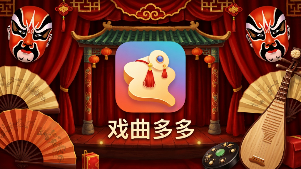 戏曲多多应用主界面展示,画面中央是戏曲多多App的图标和名称,背景为传统中国风戏台与红色幕布,周围环绕京剧脸谱、折扇、琵琶等元素,整体布局居中对称,风格喜庆祥和中国风,细节精致色彩饱满,画质高清干净无多余元素