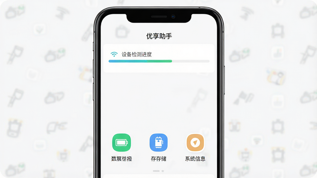 手机屏幕中央显示“优享助手”应用主界面,白色背景简洁布局,上方有设备检测进度条,下方排列电池、存储、系统信息图标,整体扁平化设计风格,干净清爽,高清晰度,无多余元素