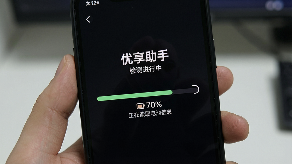 手机屏幕显示“优享助手”检测进行中界面,进度条走到70%,下方有文字提示“正在读取电池信息”,背景深色模式,界面元素清晰,画质干净,无多余装饰