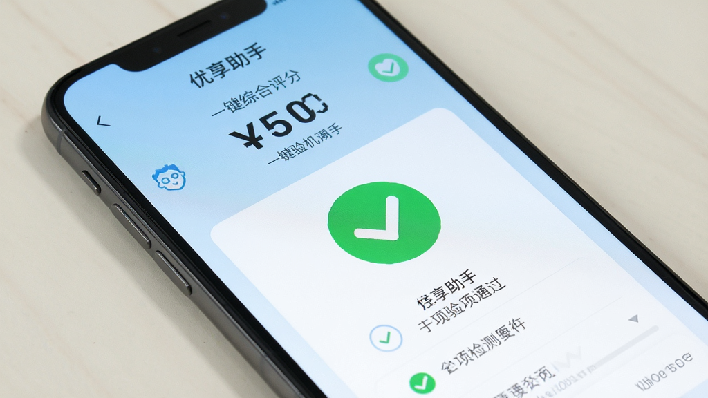 手机界面展示“优享助手”一键验机结果页面,绿色对勾图标表示各项检测通过,屏幕上方显示设备综合评分,背景为浅蓝色渐变,风格清新,排版整齐,画质清晰,干净无杂乱元素