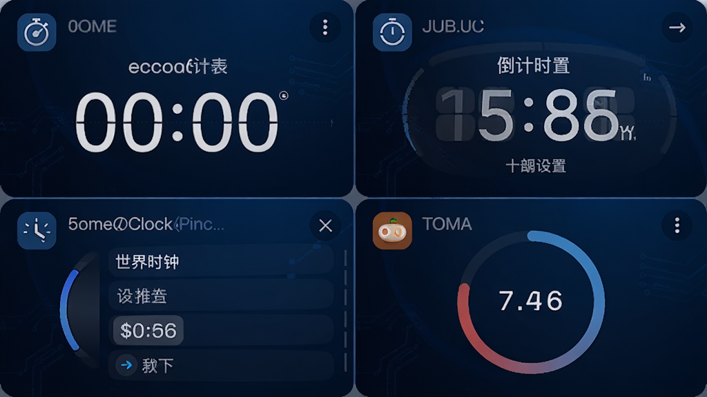 手机闹钟oneClock闹铃的多功能模块展示图,画面分为四个区域,分别展示秒表计时界面、倒计时设置界面、世界时钟列表和番茄钟圆形进度条,每个区域都有对应的图标和数字,整体布局紧凑,背景为深蓝色渐变,风格科技感十足,画质清晰