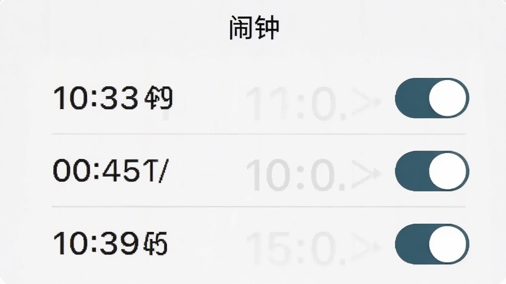 手机闹钟oneClock闹铃的界面截图,浅色背景,顶部显示「闹钟」标签,下方列出三个已设置的闹钟条目,每个条目左侧是时间,右侧是开关按钮,界面没有任何广告横幅,排版整齐,风格清新,画质干净,无多余装饰