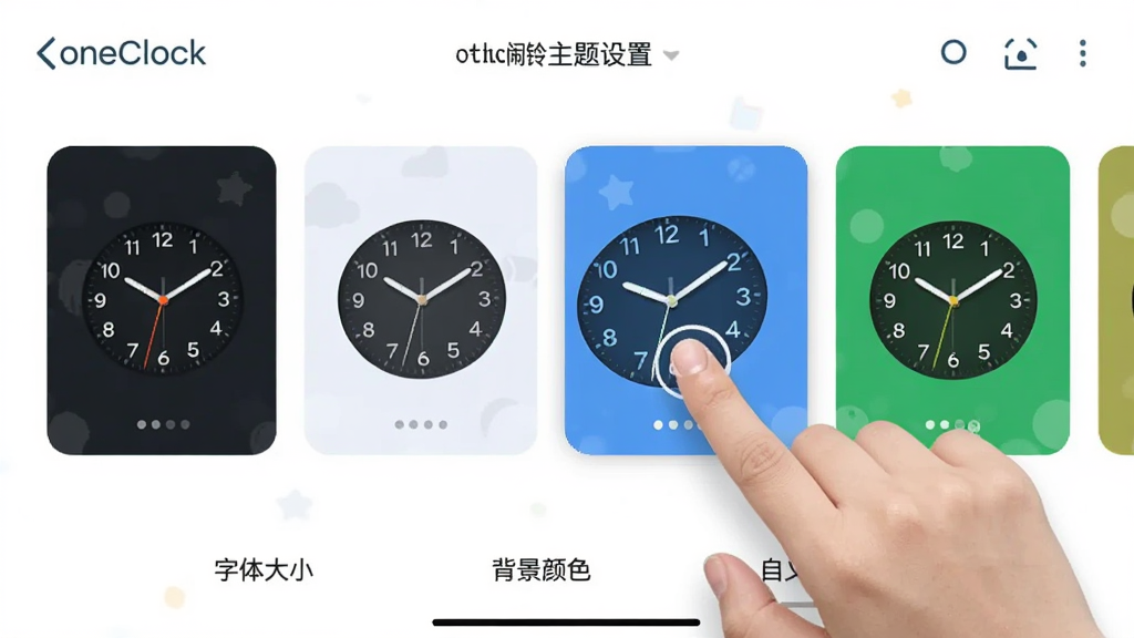 手机闹钟oneClock闹铃的主题设置界面,画面中显示多个主题预览卡片,包括深色、浅色、蓝色、绿色等不同配色方案,每个卡片上都有模拟的时钟显示,用户正在点击其中一个主题,界面下方有「字体大小」「背景颜色」等自定义选项,风格活泼,画质干净