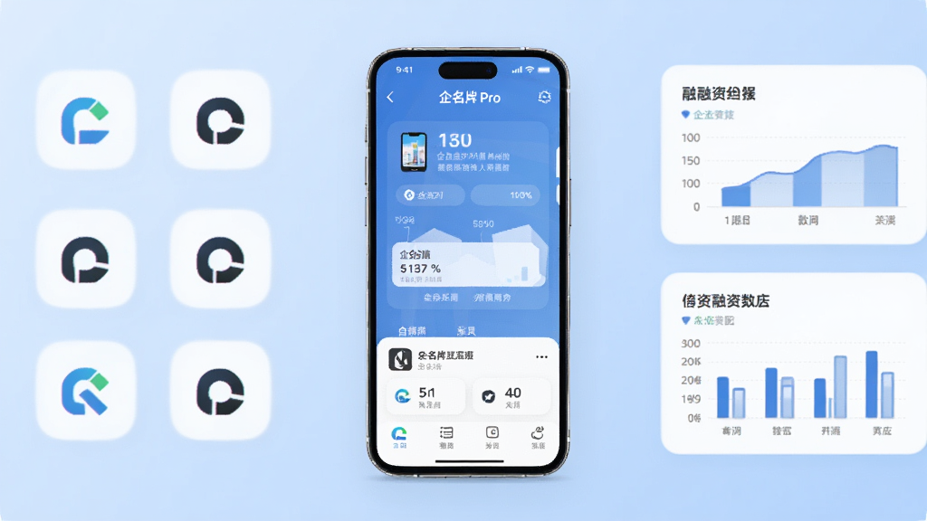 画面中央是一部智能手机,屏幕上显示企名片Pro应用界面,背景是浅蓝色渐变,左右两侧分布企业图标与融资数据图表,风格简洁商务,细节清晰,画质干净,无多余元素