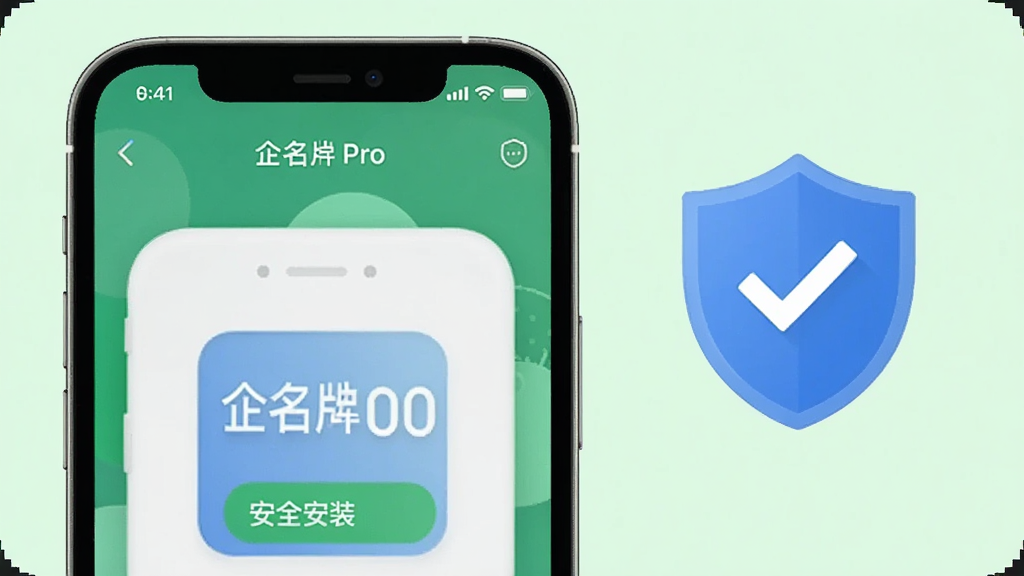 画面为手机屏幕显示企名片Pro安装界面,旁边有盾牌图标表示安全安装,背景为浅绿色,风格清新,细节清晰,画质干净,无多余元素