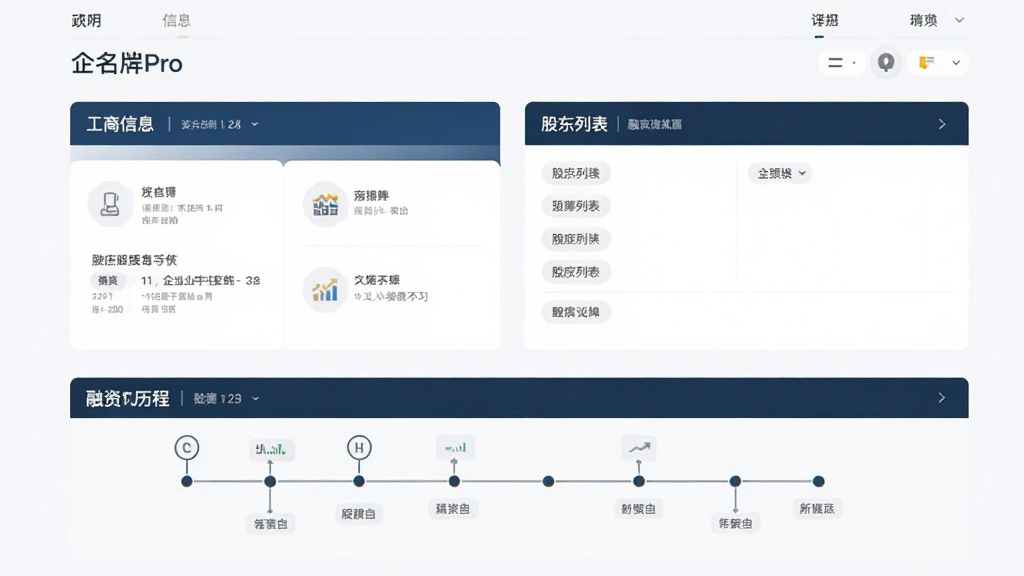 画面为企名片Pro企业详情页,包含工商信息卡片、股东列表、融资历程时间轴,背景为浅色系,布局整齐,风格简洁,画质干净,无多余元素