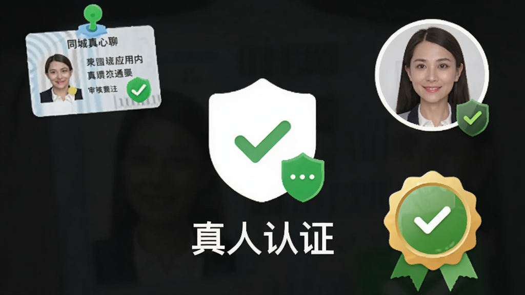 同城真心聊应用内真人认证页面,画面中央是认证图标和“真人认证”字样,周围环绕身份证、自拍头像、审核通过徽章等元素,布局为上下结构,风格简洁可信,细节包括绿色盾牌和勾选标记,画质清晰,干净,无多余元素