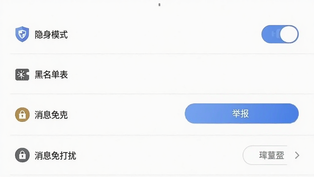 同城真心聊隐私安全设置页面,画面展示隐身模式开关、黑名单列表、举报按钮和消息免打扰选项,布局为设置列表,风格严谨安全,细节包括盾牌图标和锁形标识,画质清晰,干净,无多余元素