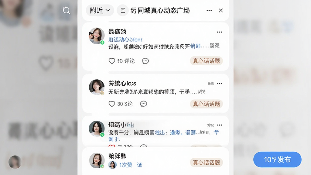 同城真心聊动态广场界面,画面展示多条用户动态卡片,包含头像、文字内容、点赞评论按钮和真心话话题标签,布局为纵向列表,风格清新社交,细节包括“附近”筛选栏和发布按钮,画质高清,干净,无多余元素