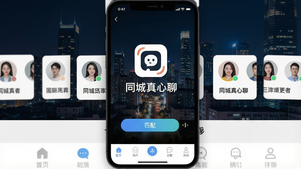 一张手机屏幕展示同城真心聊应用主界面,画面中央是应用Logo和名称“同城真心聊”,背景是城市夜景与附近用户头像卡片,布局简洁清晰,风格现代社交应用,细节包括底部导航栏、匹配按钮和在线状态标识,画质高清,干净,无多余元素