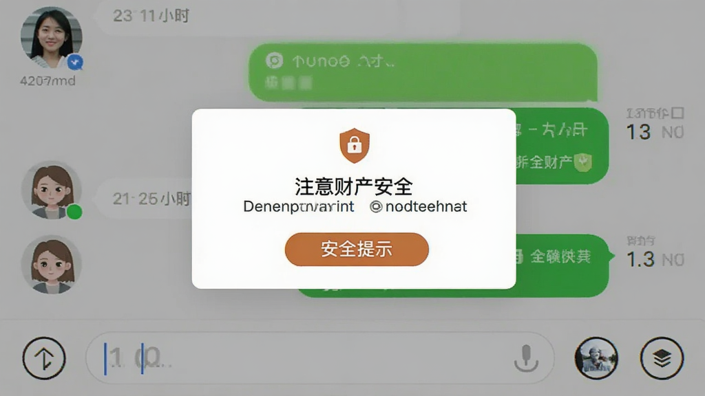 同城真心聊手机端聊天界面与安全提示弹窗,画面展示对话气泡、举报按钮和“注意财产安全”提示框,布局为聊天窗口叠加安全提醒,风格实用社交,细节包括头像、时间戳和输入框,画质清晰,干净,无多余元素