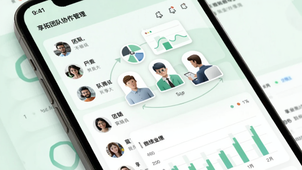 享拓团队协作管理界面,手机屏幕展示团队成员列表和业绩统计图表,画面中有多人协作的抽象图标,背景为淡绿色与白色搭配,风格商务简洁,画质清晰,无多余元素