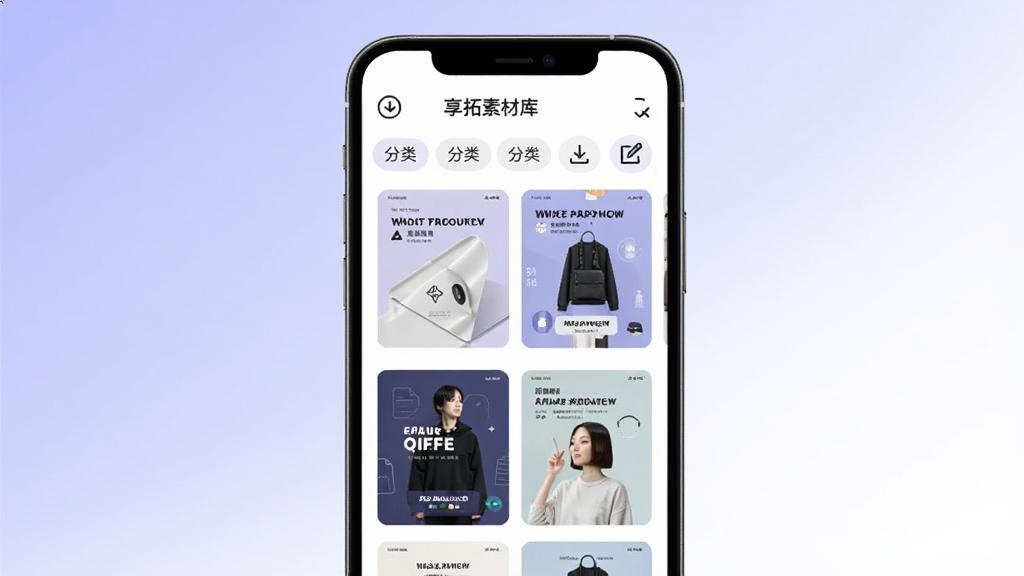 享拓素材库界面,手机屏幕展示多张商品海报缩略图和分类标签,画面中有下载和编辑图标,背景为浅紫色与白色渐变,风格清新简约,画质清晰,无多余元素