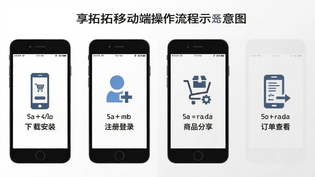 享拓移动端操作流程示意图,画面展示手机从安装到使用的四个步骤,包含下载安装、注册登录、商品分享、订单查看,每个步骤配以简洁图标和文字说明,背景为白色与浅灰色搭配,风格扁平化,画质清晰,无多余元素