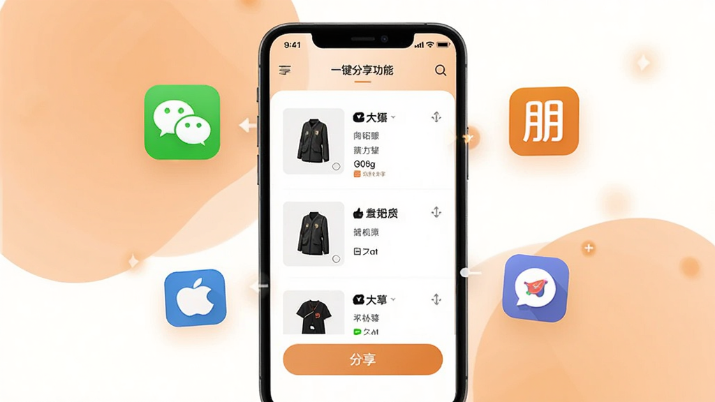 享拓商品一键分享功能界面,手机屏幕展示商品列表和分享按钮,画面中有微信、朋友圈等社交平台图标环绕,背景为柔和的橙色与白色搭配,风格现代简洁,画质清晰,无多余元素